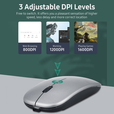 2.4G BT 5.0 Wireless Ergonomic Slim Mouse Less Noise 3 Adjustable DPI Levels Rechargeable Mouse for Laptop, Computer, Black