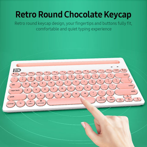 FUDE IK3381 Wireless BT Keyboard Portable BT Office Keyboard with Round Keycap Multimedia Keys Support 3 Devices Pink