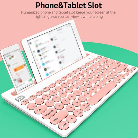 FUDE IK3381 Wireless BT Keyboard Portable BT Office Keyboard with Round Keycap Multimedia Keys Support 3 Devices Pink