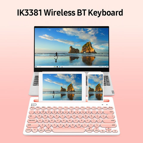 FUDE IK3381 Wireless BT Keyboard Portable BT Office Keyboard with Round Keycap Multimedia Keys Support 3 Devices Pink