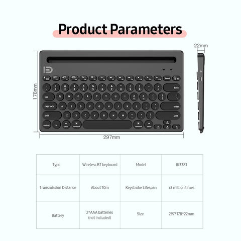 FUDE IK3381 Wireless BT Keyboard Portable BT Office Keyboard with Round Keycap Multimedia Keys Support 3 Devices Pink