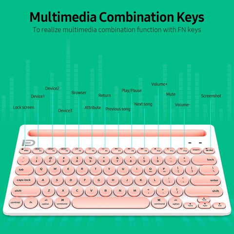 FUDE IK3381 Wireless BT Keyboard Portable BT Office Keyboard with Round Keycap Multimedia Keys Support 3 Devices Pink