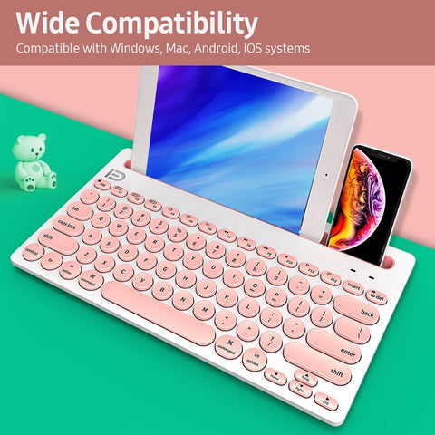 FUDE IK3381 Wireless BT Keyboard Portable BT Office Keyboard with Round Keycap Multimedia Keys Support 3 Devices Pink