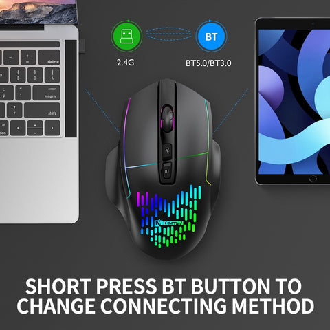 Wireless Mouse Rechargeable Triple-Mode Mouse (BT5.0&BT3.0&2.4G) Breathing Light 3 Adjustable DPI Levels Plug N Play, Black