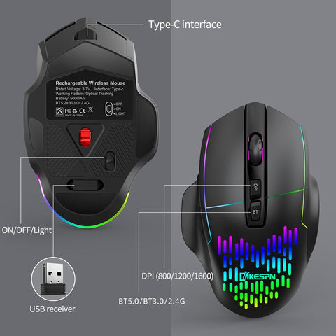 Wireless Mouse Rechargeable Triple-Mode Mouse (BT5.0&BT3.0&2.4G) Breathing Light 3 Adjustable DPI Levels Plug N Play, Black