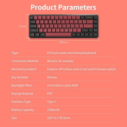 Darmoshark K5 Wired+2.4G Wireless Dual-mode Mechanical Keyboard 68 Keys RGB Keyboard with Gateron GPro Red Switches Red+Black