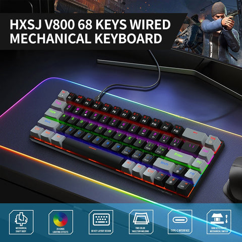 HXSJ V800 Wired Mechanical Keyboard 68 Keys RGB Gaming Keyboard with Detachable Type-C Cable ABS Keycap Black(Blue Switches)