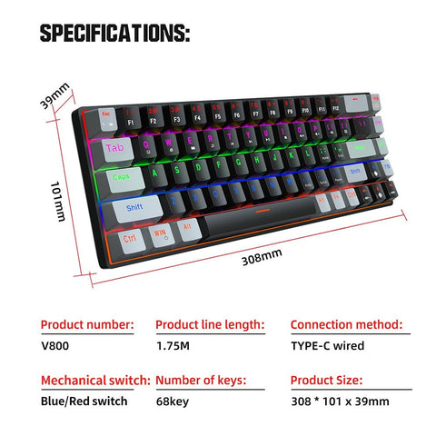 HXSJ V800 Wired Mechanical Keyboard 68 Keys RGB Gaming Keyboard with Detachable Type-C Cable ABS Keycap Black(Blue Switches)