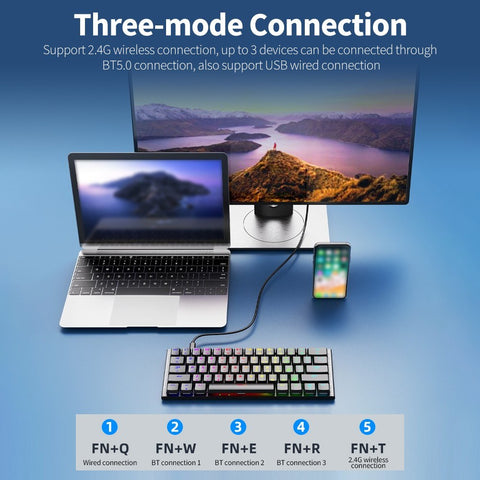 Magic-Refiner MK28 Three-mode Mechanical Keyboard 61 Keys RGB Keyboard Support BT5.0/2.4G/USB Wired Connection Red Switches Black