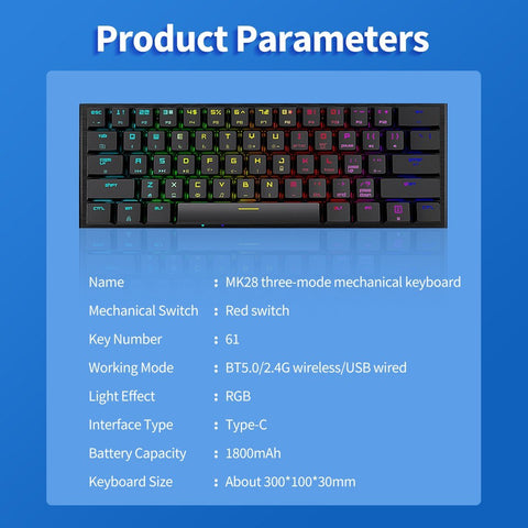 Magic-Refiner MK28 Three-mode Mechanical Keyboard 61 Keys RGB Keyboard Support BT5.0/2.4G/USB Wired Connection Red Switches Black