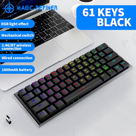 Magic-Refiner MK28 Three-mode Mechanical Keyboard 61 Keys RGB Keyboard Support BT5.0/2.4G/USB Wired Connection Red Switches Black