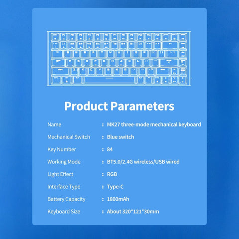 Magic-Refiner MK27 84 Keys Three-mode Mechanical Keyboard RGB Keyboard Support 2.4G/BT/USB Wired Connection Blue Switches Black