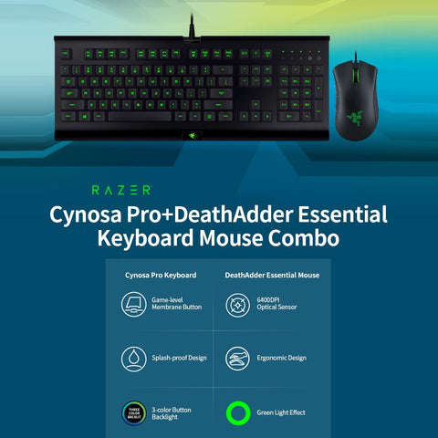 Razer Gaming Keyboard Mouse Combo Cynosa Pro 104 Keys Backlight Gaming Keyboard DeathAdder Essential 6400DPI Mouse Set Black