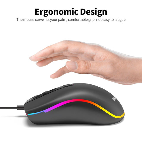 BAJEAL D1 Wired Gaming Mouse Symmetrical Mouse Ergonomic Mice RGB Light Effect 3-gear Adjustable DPI Wide Compatibility Black