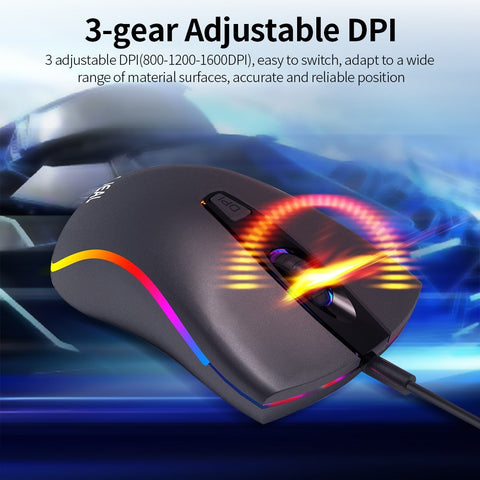 BAJEAL D1 Wired Gaming Mouse Symmetrical Mouse Ergonomic Mice RGB Light Effect 3-gear Adjustable DPI Wide Compatibility Black