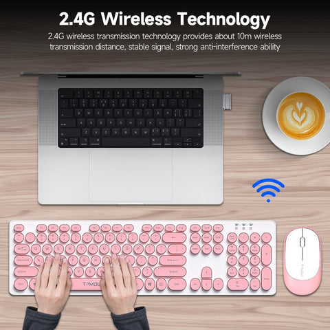 T-WOLF TF770 2.4G Wireless Keyboard Mouse Combo Retro Punk Round Keycap Comfortable Mute Typing Wide Compatibility Blue