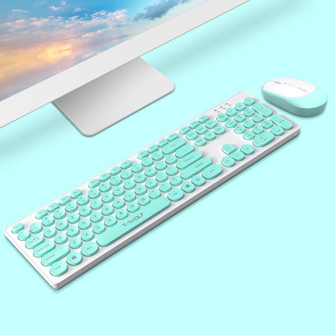 T-WOLF TF770 2.4G Wireless Keyboard Mouse Combo Retro Punk Round Keycap Comfortable Mute Typing Wide Compatibility Blue