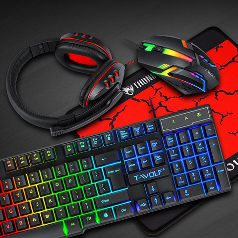 T-WOLF TF800 Four-piece Gaming Combo 104 Keys Keyboard 4-color Breathing Light Mouse 3.5mm Gaming Headset Anti-slip Mouse Pad