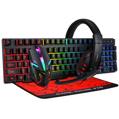 T-WOLF TF800 Four-piece Gaming Combo 104 Keys Keyboard 4-color Breathing Light Mouse 3.5mm Gaming Headset Anti-slip Mouse Pad