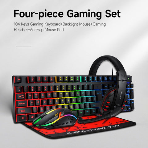 T-WOLF TF800 Four-piece Gaming Combo 104 Keys Keyboard 4-color Breathing Light Mouse 3.5mm Gaming Headset Anti-slip Mouse Pad