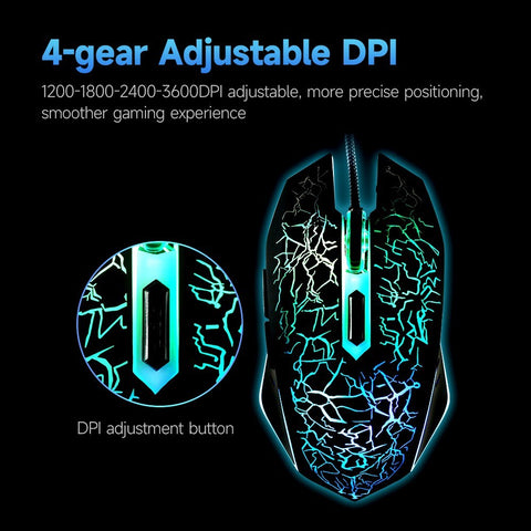 Wired Gaming Mouse Optical Mouse Game-level Engine Colorful Breathing Light 4-gear Adjustable DPI Ergonomic Mice Black