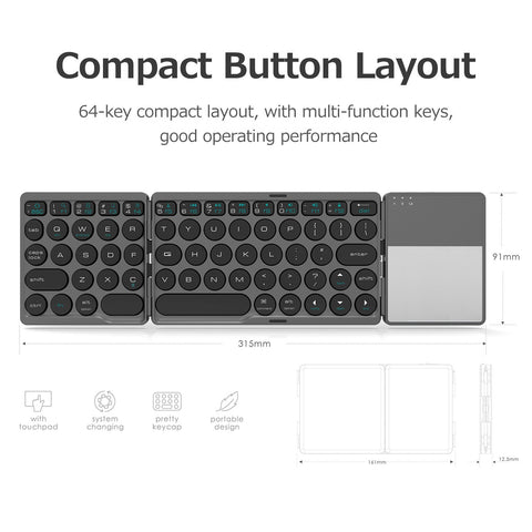 Portable Wireless BT Keyboard Foldable BT Keyboard with Touchpad Built-in Lithium Battery for Windows/Android/iOS Grey