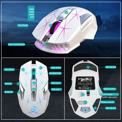 HXSJ T300 2.4G Wireless Mouse Ergonomic Mouse 3 Adjustable DPI Colorful Breathing Light Built-in 600mAh Lithium Battery White
