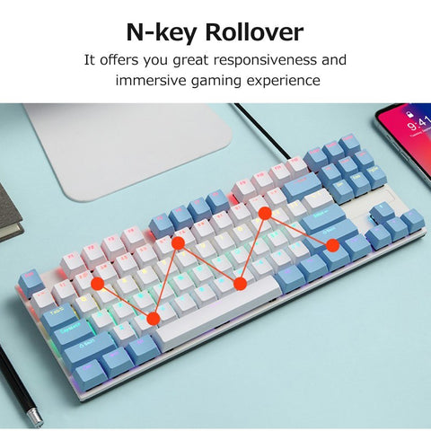 iBlancod K87 87 Keys Wired Mechanical Keyboard Metal Panel Two-color Injection Keycap 20 Light Effects Blue&White(Blue Switches)