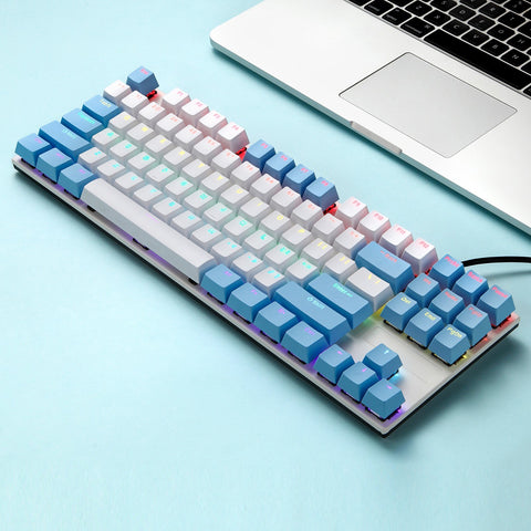 iBlancod K87 87 Keys Wired Mechanical Keyboard Metal Panel Two-color Injection Keycap 20 Light Effects Blue&White(Blue Switches)