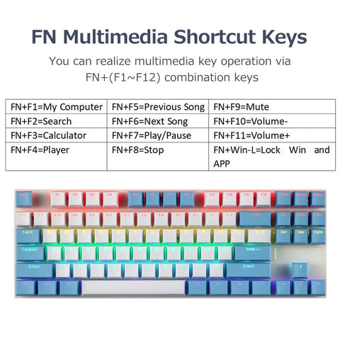 iBlancod K87 87 Keys Wired Mechanical Keyboard Metal Panel Two-color Injection Keycap 20 Light Effects Blue&White(Blue Switches)