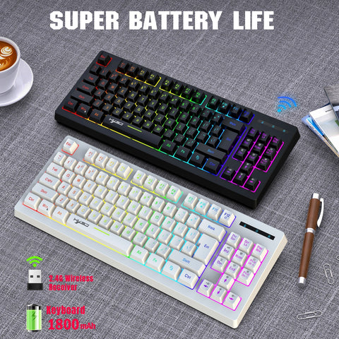 HXSJ L100 2.4G Wireless Membrane Keyboard 87 Keys Layout RGB Light Effect ABS Key Cap Built-in 1800mAh Lithium Battery White