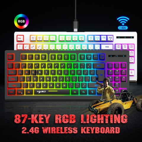 HXSJ L100 2.4G Wireless Membrane Keyboard 87 Keys Layout RGB Light Effect ABS Key Cap Built-in 1800mAh Lithium Battery White