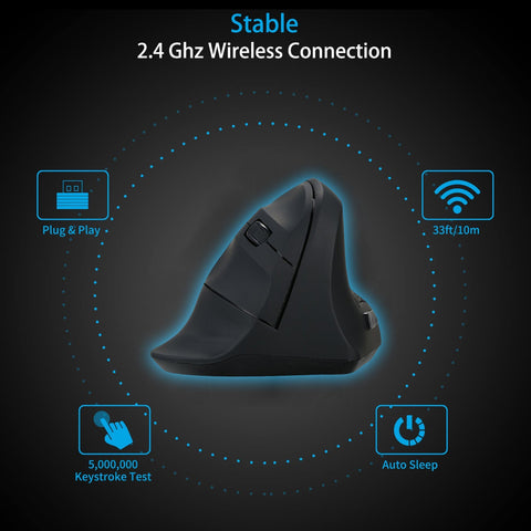 2.4G Wireless Optical Mouse Vertical Mouse 6 Keys Ergonomic Office Mice with 3-gear Adjustable DPI for PC Laptop Black