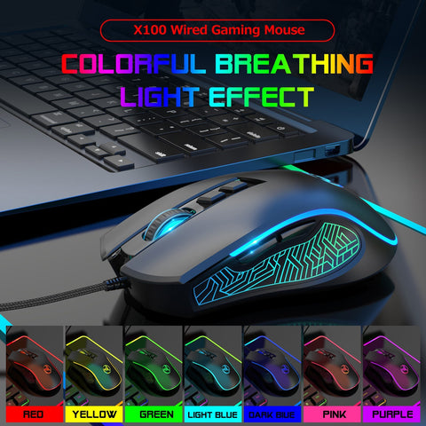HXSJ X100 Wired Gaming Mouse Ergonomic Gaming Office Mouse 7-color Breathing Light Effect 4-gear Adjustable DPI Black