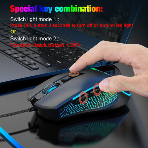 HXSJ X100 Wired Gaming Mouse Ergonomic Gaming Office Mouse 7-color Breathing Light Effect 4-gear Adjustable DPI Black