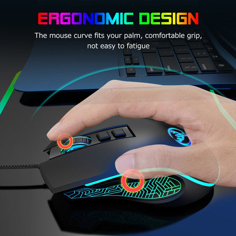 HXSJ X100 Wired Gaming Mouse Ergonomic Gaming Office Mouse 7-color Breathing Light Effect 4-gear Adjustable DPI Black