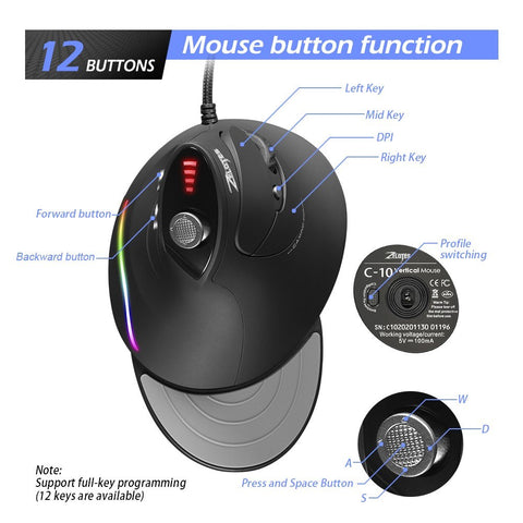 ZELOTES C-10 Wired Optical Vertical Mouse Programmable Gaming Mouse RGB Ergonomic Mouse 5-gear Adjustable DPI for PC Laptop