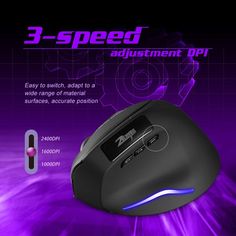 ZELOTES F-26 2.4G Wireless Optical Vertical Mouse 6 Keys Ergonomic Mouse 3-gear Adjustable DPI Built-in 600mAh Lithium Battery Black