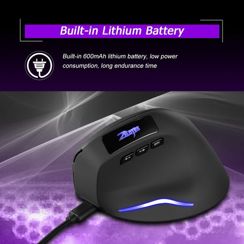 ZELOTES F-26 2.4G Wireless Optical Vertical Mouse 6 Keys Ergonomic Mouse 3-gear Adjustable DPI Built-in 600mAh Lithium Battery Black