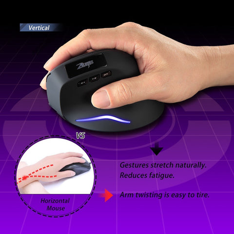 ZELOTES F-26 2.4G Wireless Optical Vertical Mouse 6 Keys Ergonomic Mouse 3-gear Adjustable DPI Built-in 600mAh Lithium Battery Black