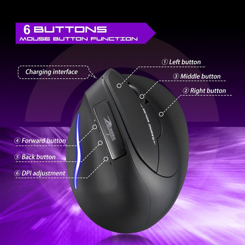 ZELOTES F-26 2.4G Wireless Optical Vertical Mouse 6 Keys Ergonomic Mouse 3-gear Adjustable DPI Built-in 600mAh Lithium Battery Black