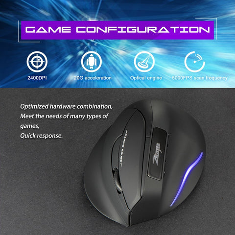 ZELOTES F-26 2.4G Wireless Optical Vertical Mouse 6 Keys Ergonomic Mouse 3-gear Adjustable DPI Built-in 600mAh Lithium Battery Black