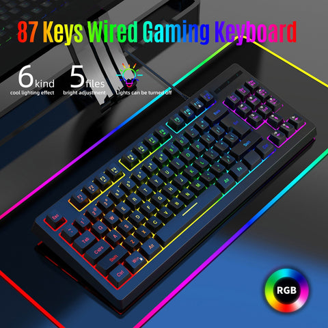YWYT Y200 USB Wired Gaming Keyboard Membrane Keyboard 87 Keys Layout RGB Light Effect ABS Two-color Injection Molding Keycap