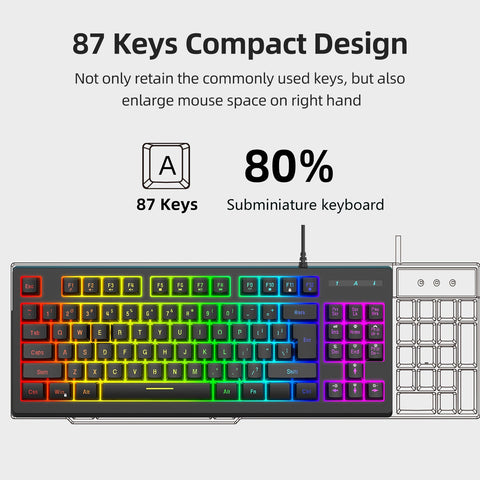 YWYT Y200 USB Wired Gaming Keyboard Membrane Keyboard 87 Keys Layout RGB Light Effect ABS Two-color Injection Molding Keycap