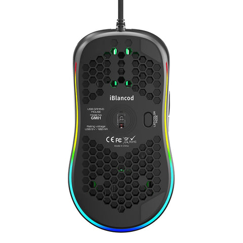 iBlancod GM01 USB Wired Gaming Mouse Ergonomic Lightweight Mouse RGB Backlight Effect 6-gear DPI Hollow-out Design Black