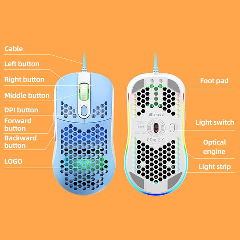 iBlancod GM01 USB Wired Gaming Mouse Ergonomic Lightweight Mouse RGB Backlight Effect 6-gear DPI Hollow-out Design Black