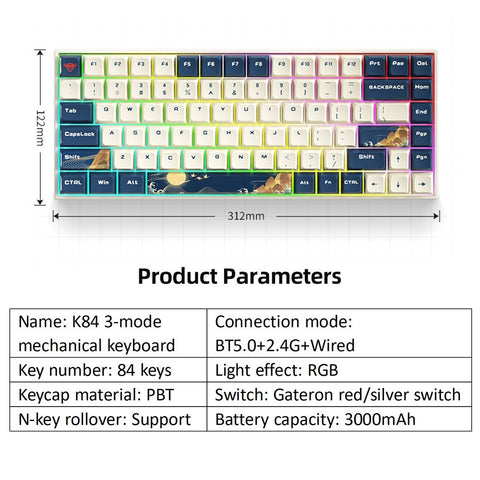 iBlancod K84 84 Keys Three-mode Mechanical Keyboard BT5.0+2.4G+Wired Connection PBT Keycaps Blue (Gateron Red Switches)