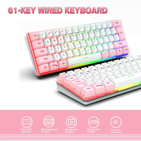 61 Keys Wired Keyboard Membrane Keyboard Compact Design RGB Backlight Effect with Multimedia Shortcuts Detachable Data Cable