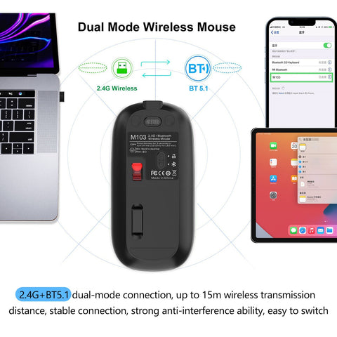 M103 2.4G+BT5.1 Wireless Dual-mode Mouse Ergonomic Office Mice 3-gear Adjustable DPI Built-in 500mAh Lithium Battery Black