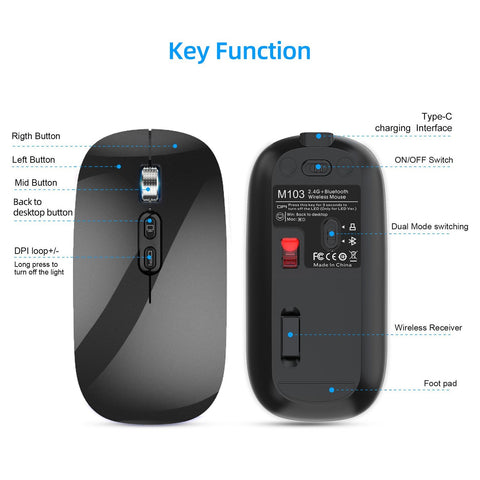 M103 2.4G+BT5.1 Wireless Dual-mode Mouse Ergonomic Office Mice 3-gear Adjustable DPI Built-in 500mAh Lithium Battery Black